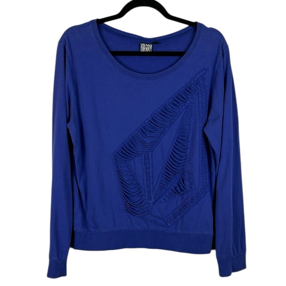 Volcom Stone Logo Distressed Cut Out Cotton Long Sleeve Tee Medium Cobalt Blue